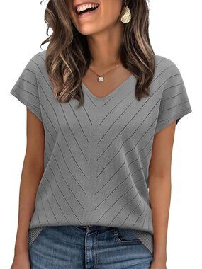 Women's Gray Trendy Summer Tops Sweater Pullover V-Neck Pull On Short Sleeve